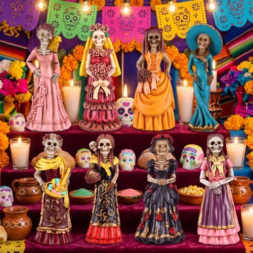 Simgoing 8 Pcs Day of The Dead Figurine Catrina Statue Altar Decoration