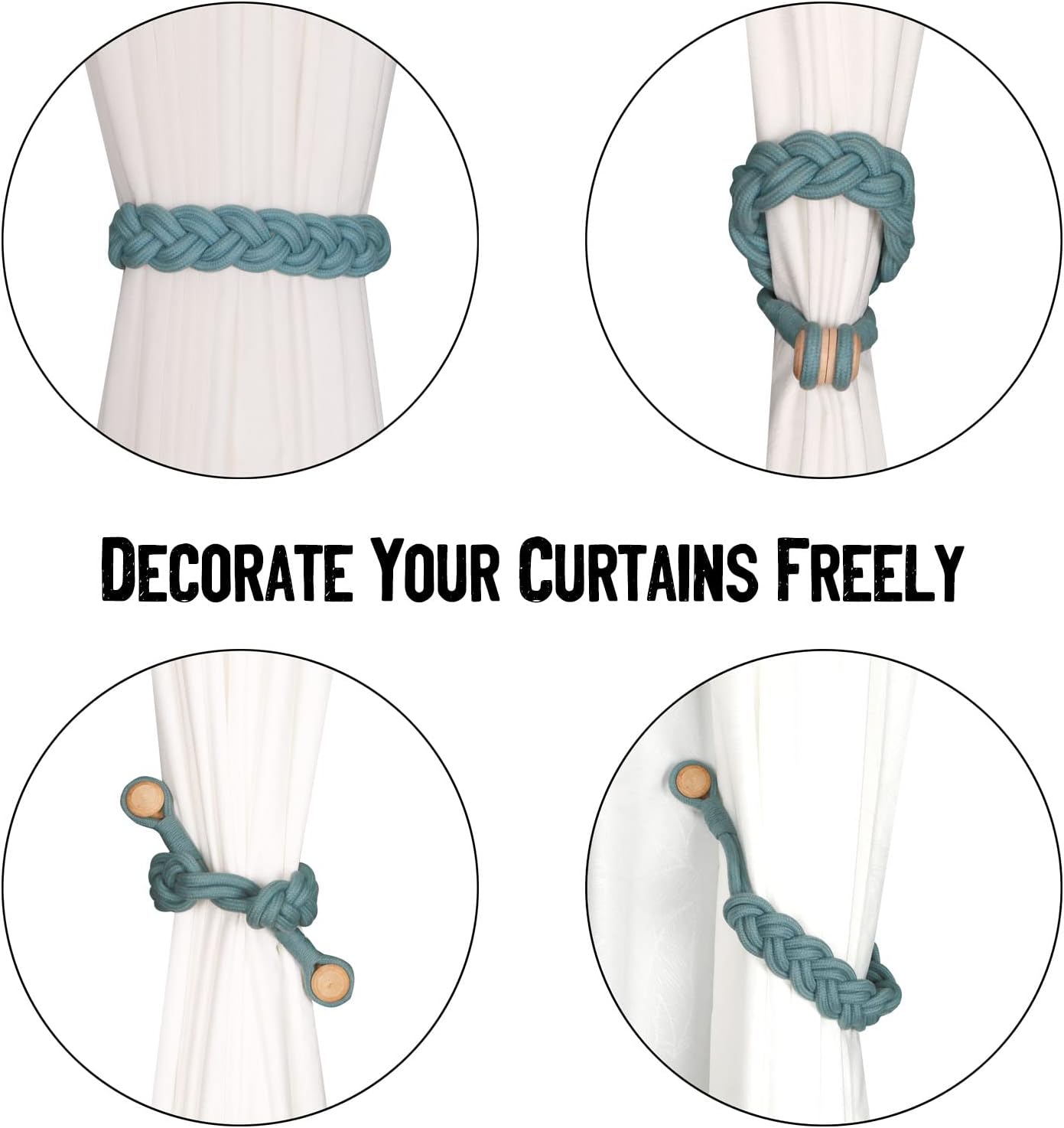 BEL AVENIR Curtain Tiebacks Magnetic 4 Pack Woven Drapery Holdback | Handmade Curtain Ties, No Drill, for Outdoor