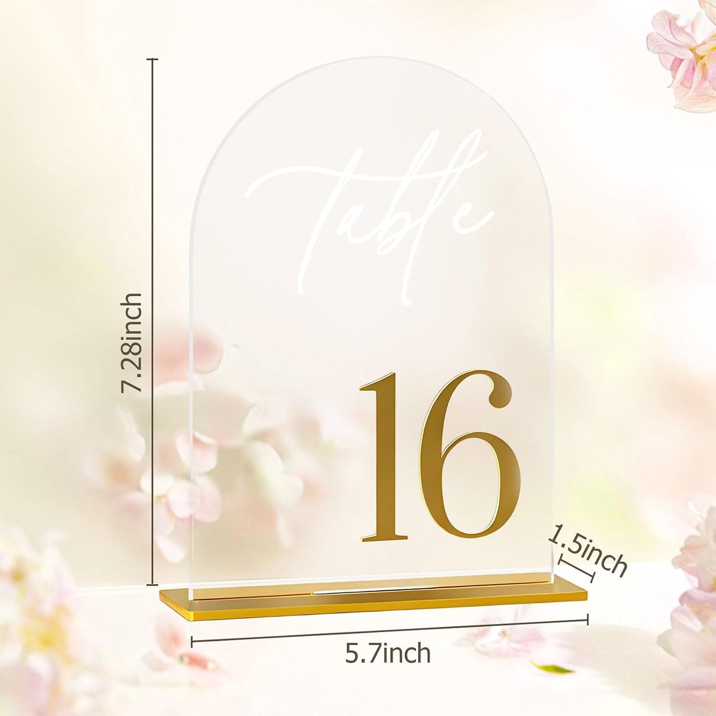 1-25 Arch Acrylic Wedding Table Numbers with Stands 5x8 Inch Signs | Transparent acrylic, golden letter print, sturdy