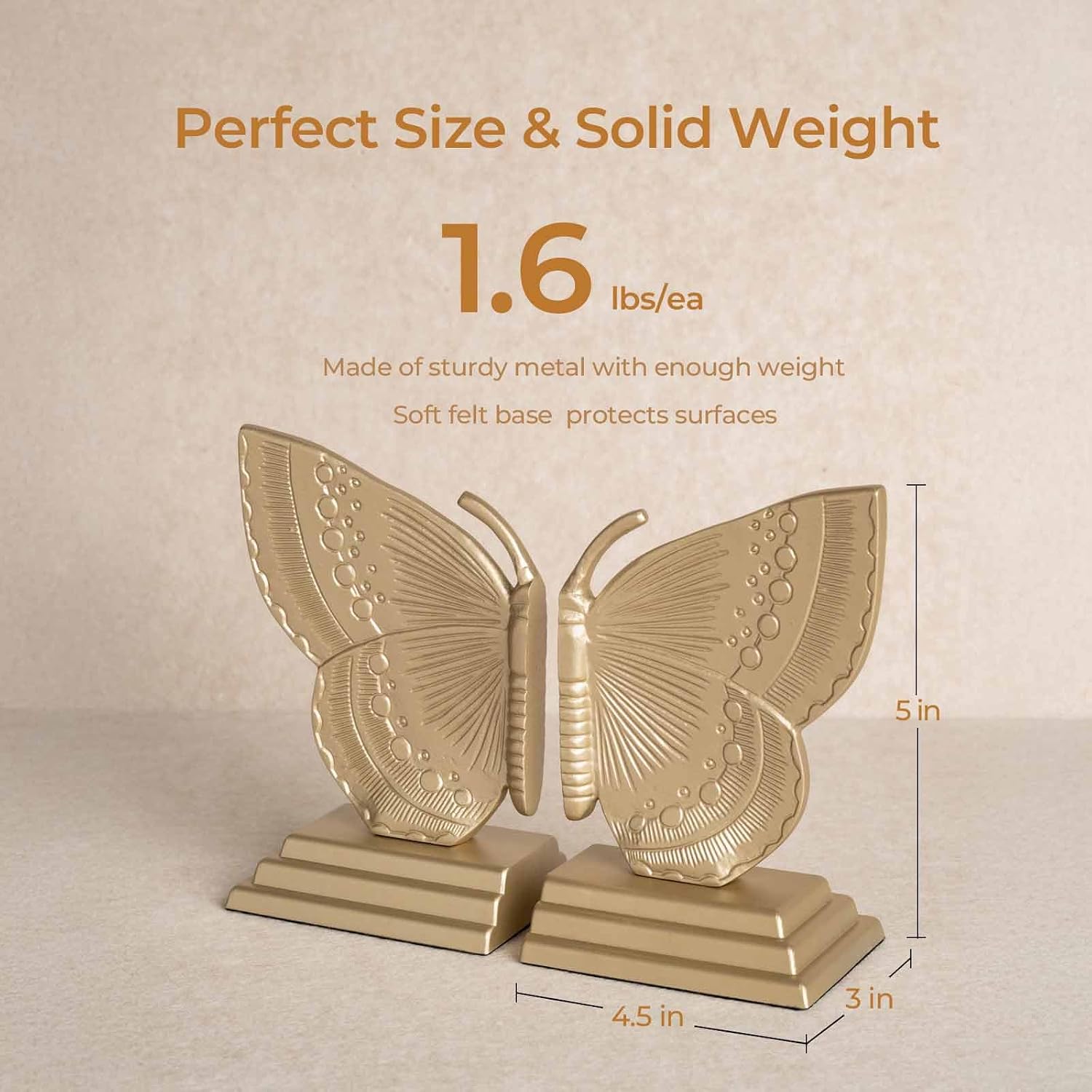 Muted Matte Vintage Heavy Duty Metal Book Ends / Gold