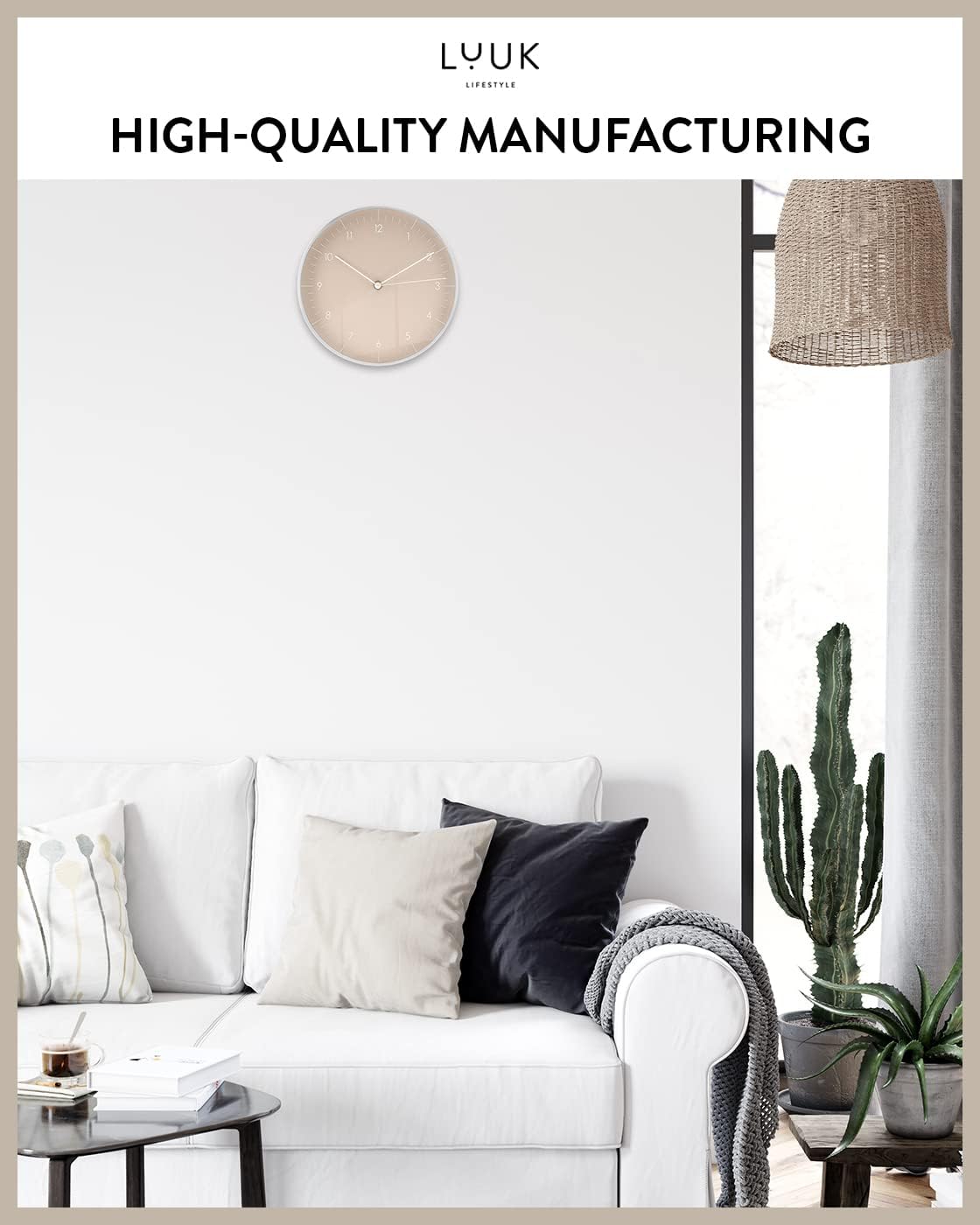 Modern Silent Quartz Wall Clock, 10in, Beige & Gold | Analog, Non-ticking, Modern & Minimalist design, Battery