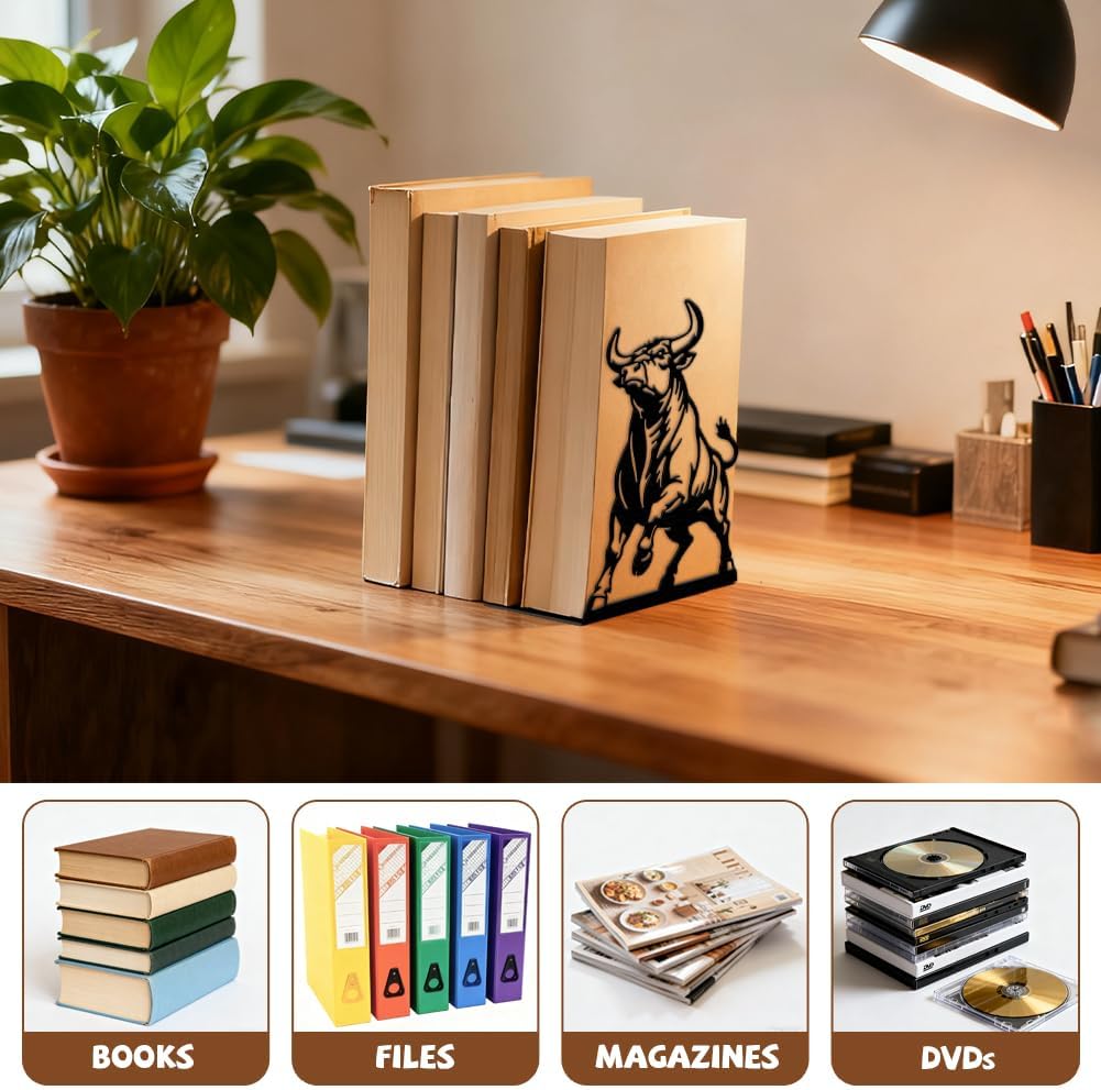 Metal Bookends / Modern Decorative Heavy Duty Study Book Ends Stoppers / Bull