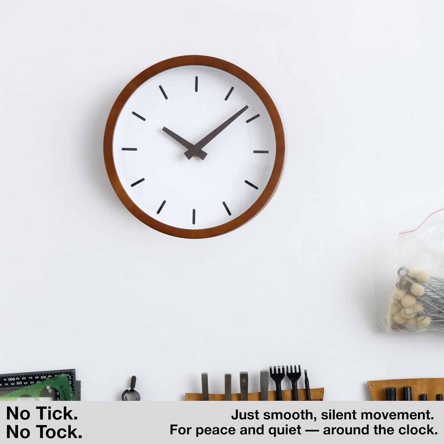 Driini Modern Mid Century Wood Analog Wall Clock (12") - Battery Operated with Silent Sweep Movement - Small Decorative