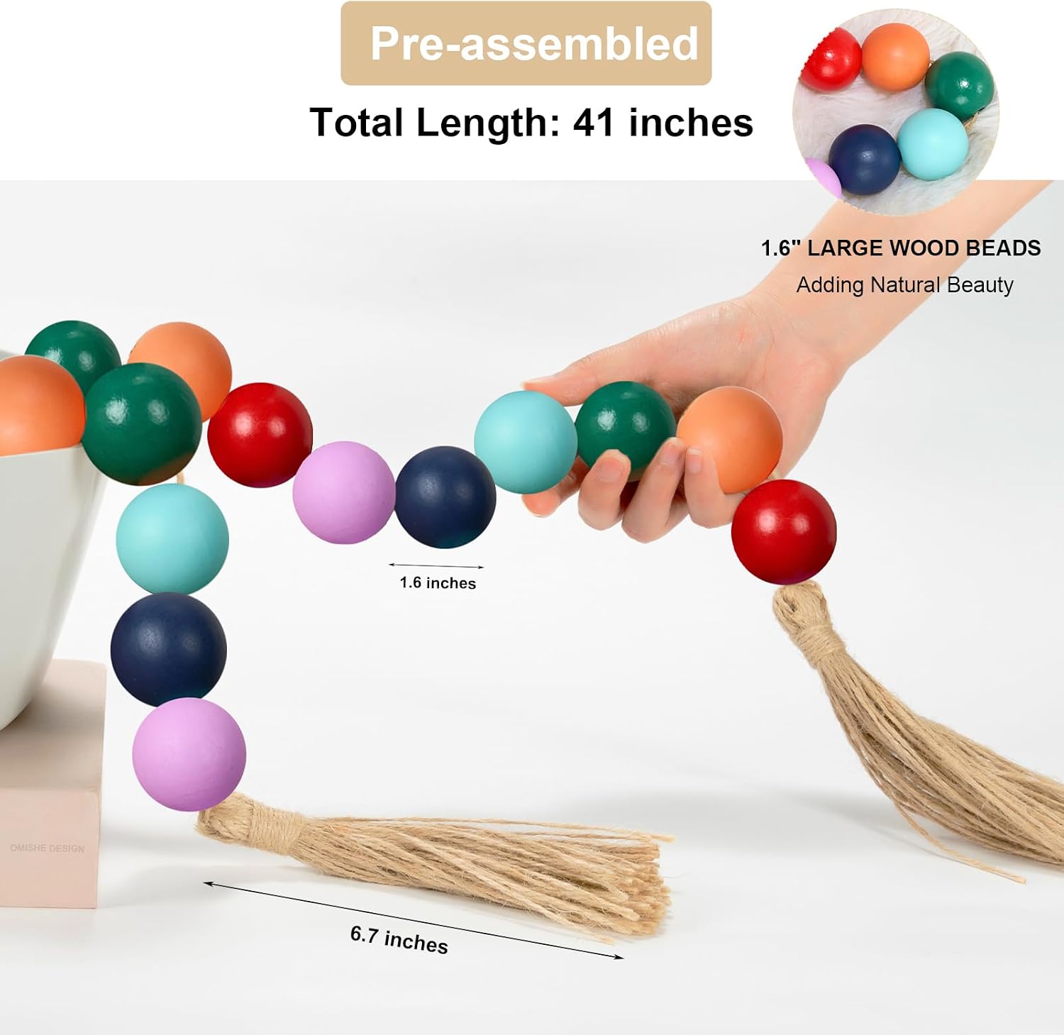 Extra Large Wood Bead Garland Colorful / 8 Colorful / 41 Inches