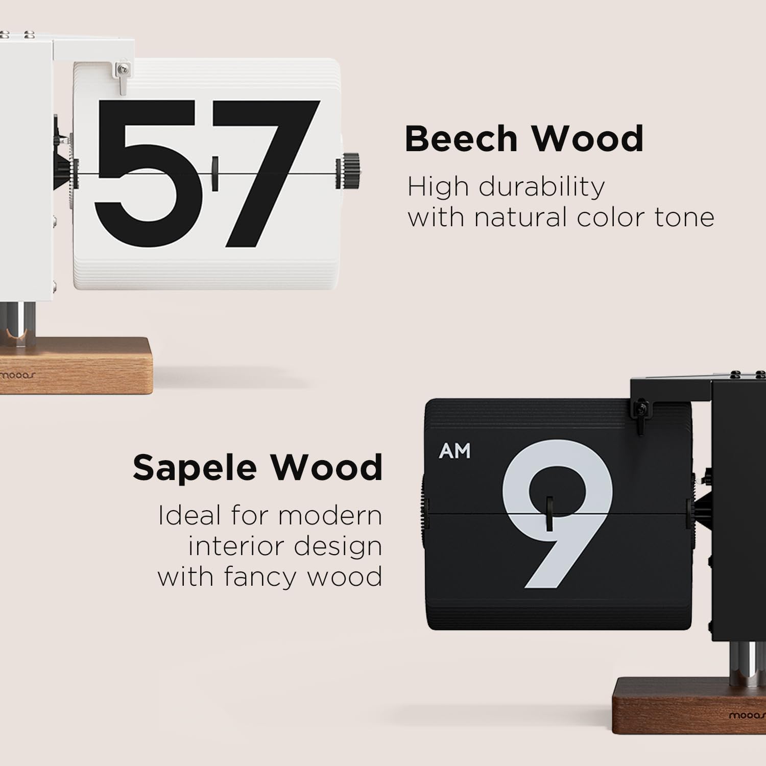 mooas Classic Modern Wood Big Flip Desk Clock (White) | Retro Vintage Analog Design Auto Flip Clock Table Clock Large