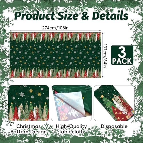 Gistome 3-Piece 54 x 108 Inch Christmas Tree Plastic Tablecloth – Festive Green Holiday Disposable Table Cover for Winter Parties, Christmas Dinners, and Indoor Outdoor Decorations