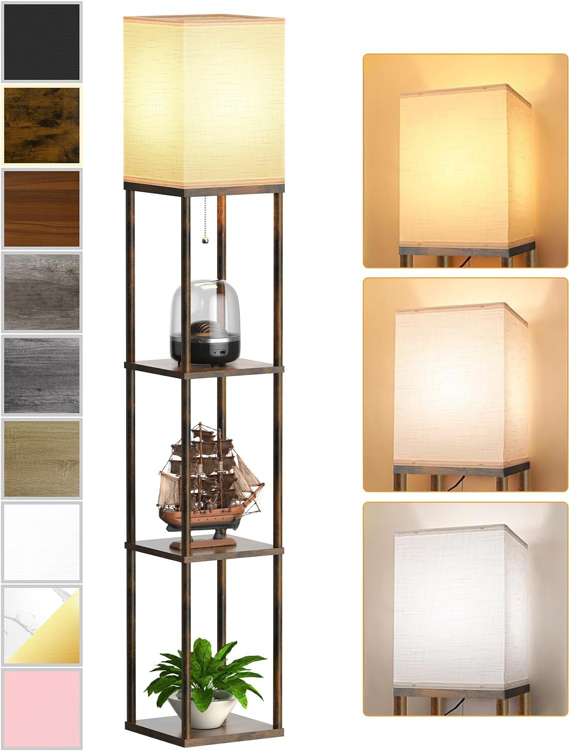 Floor Lamp with Shelves for Living Room Brown, Shelf Floor Lamp with 3 CCT LED Bulb, Corner Display Standing Column