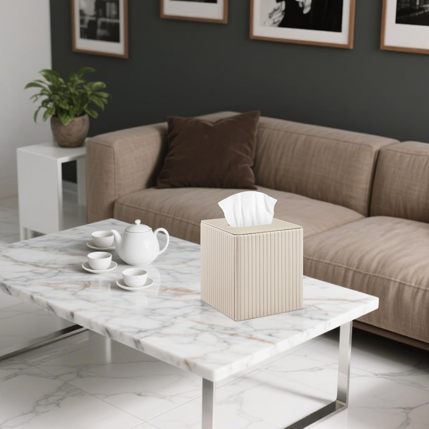 PU Leather Tissue Box Cover Square Tissue Box Holder / Beige