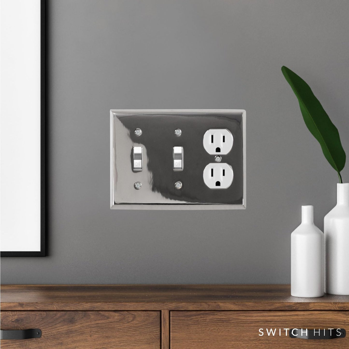 Polished Nickel Outlet Wall Plate | 2 Toggle - 1 Duplex | 6.25" x 4.5" | Hand-Polished Brass Construction | Electrical