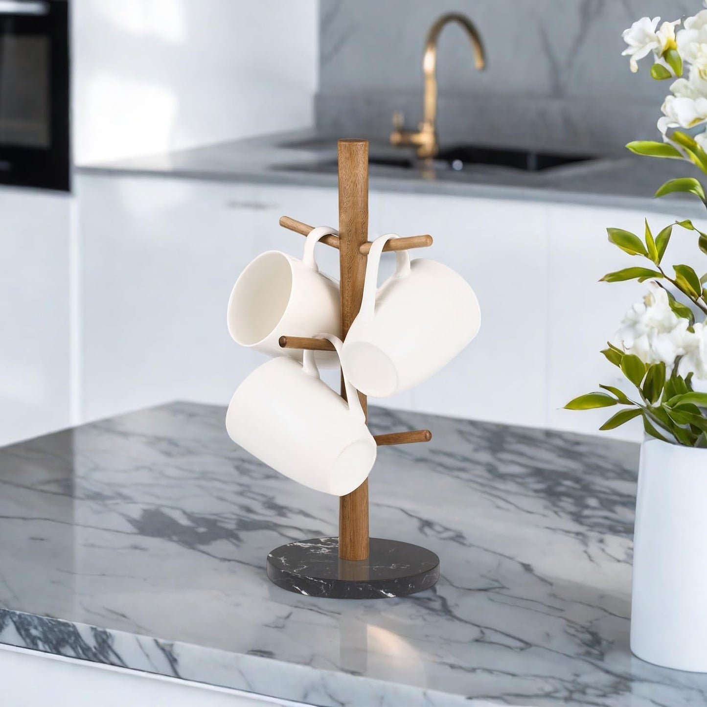 Buruis Mug Holder, Acacia Wood & Marble Base, 6 Hooks Kitchen Countertop Coffee Tea Cups Organizer | Coffee Mug Rack