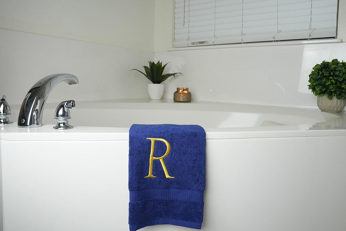 Navy with Gold Monogrammed Hand Towels for Bathroom - Set of 2 Letter R | Luxury Hotel Quality Initial Towels For