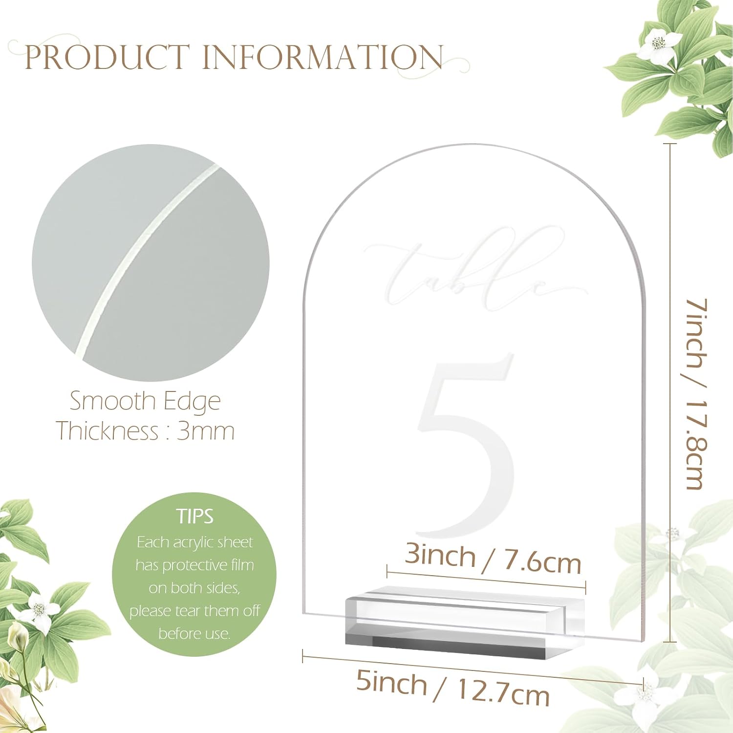 Frosted Arch Table Numbers for Wedding, 5x7 Inch Acrylic Table Numbers 1-30 with Stands, Frosted Acrylic Arch Tabletop