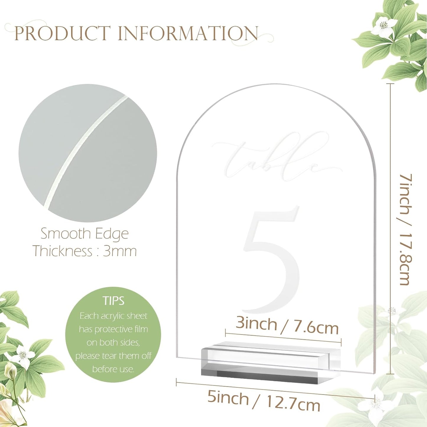 Frosted Arch Table Numbers for Wedding, 5x7 Inch Acrylic Table Numbers 1-10 with Stands, Frosted Acrylic Arch Tabletop