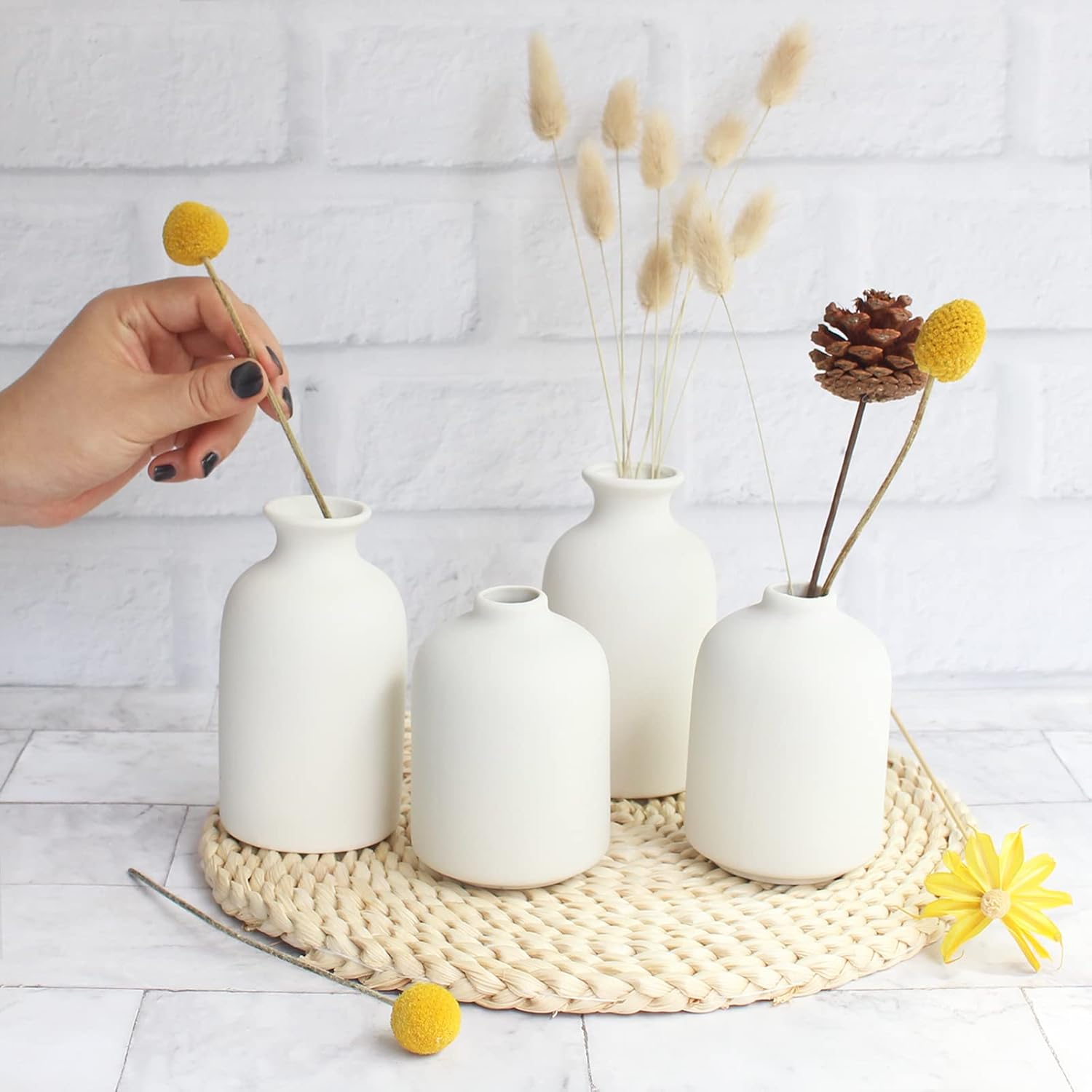 Boho Vase / Ceramic Vases for Pampas Grass / Small / White-b / Set of 6