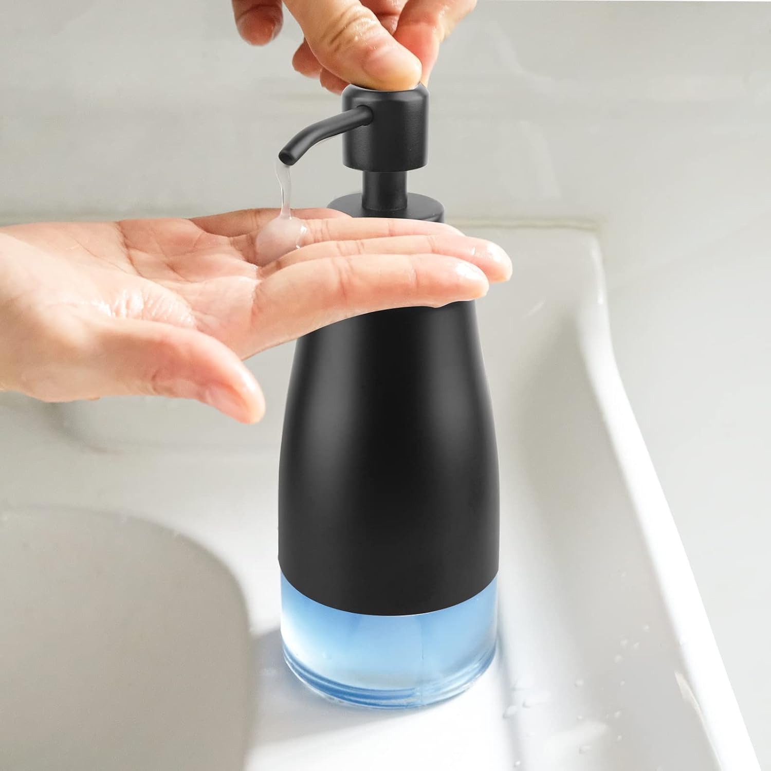 AUMIO 2-Pack Matte Black Hand Soap Dispensers with Stickers & Glass Liner | Stainless Steel Case | Visible Liquid Level