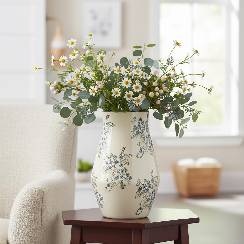 Tall Ceramic Vase for Flowers / Blue and White / 11 Inch