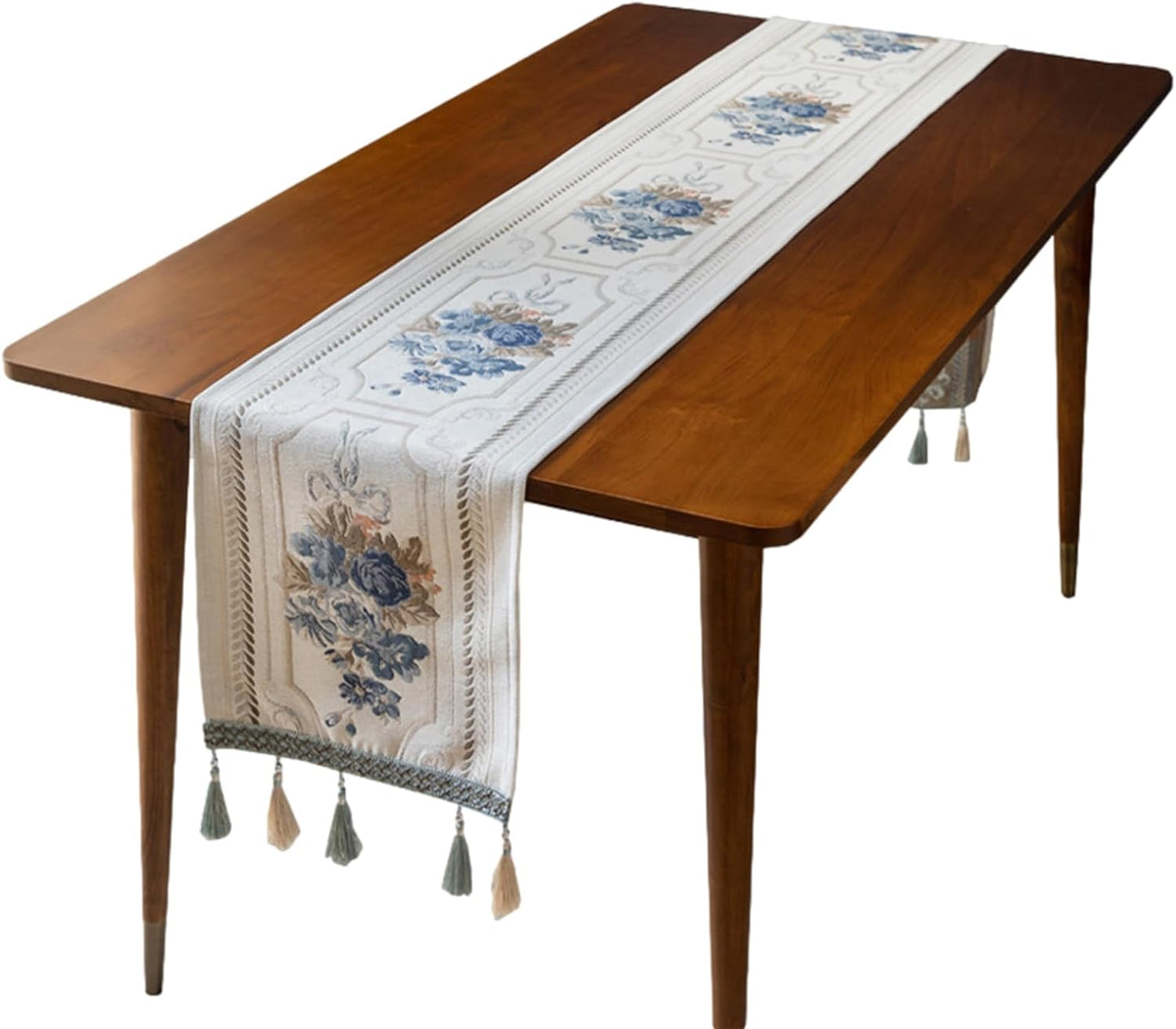 Embroidery Luxury Table Runner, Long White Dining Table Runner, Elegant Jacquard Dresser Scarf with Multi-Tassels for