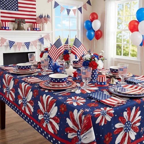 4th of July Tablecloth 54x54 Inch Square, Patriotic Memorial Day Flowers Print Decorations for Home Table Cloth, Independence Day Blue Seasonal Decor Tablecloths Polyester for Picnic Party Supplies