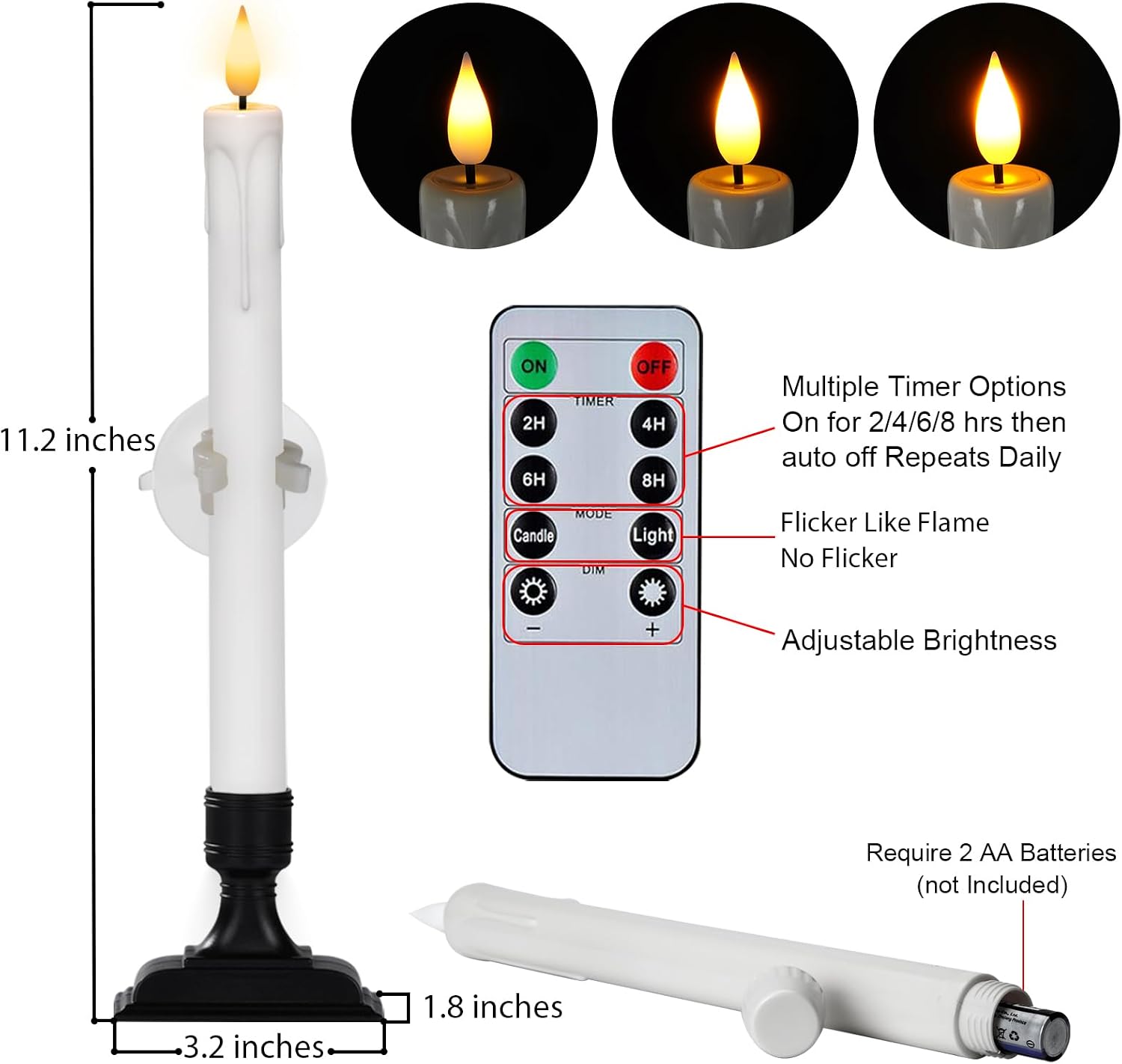 Homemory 6 Pcs Window Candles with Remote Timer Dimmer, Battery Operated Candlesticks with Holders and Suctions, White
