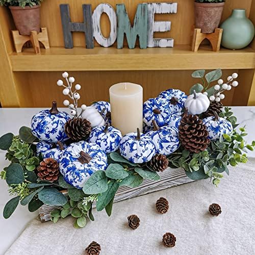 Winlyn 16 Pcs Assorted Small Faux Decorative Blue and White Fabric Pumpkins Foam Chinoiserie Chic Pumpkins for Farmhouse Fall Halloween Thanksgiving Bowl Centerpiece Table Mantel Home Decor Gifts