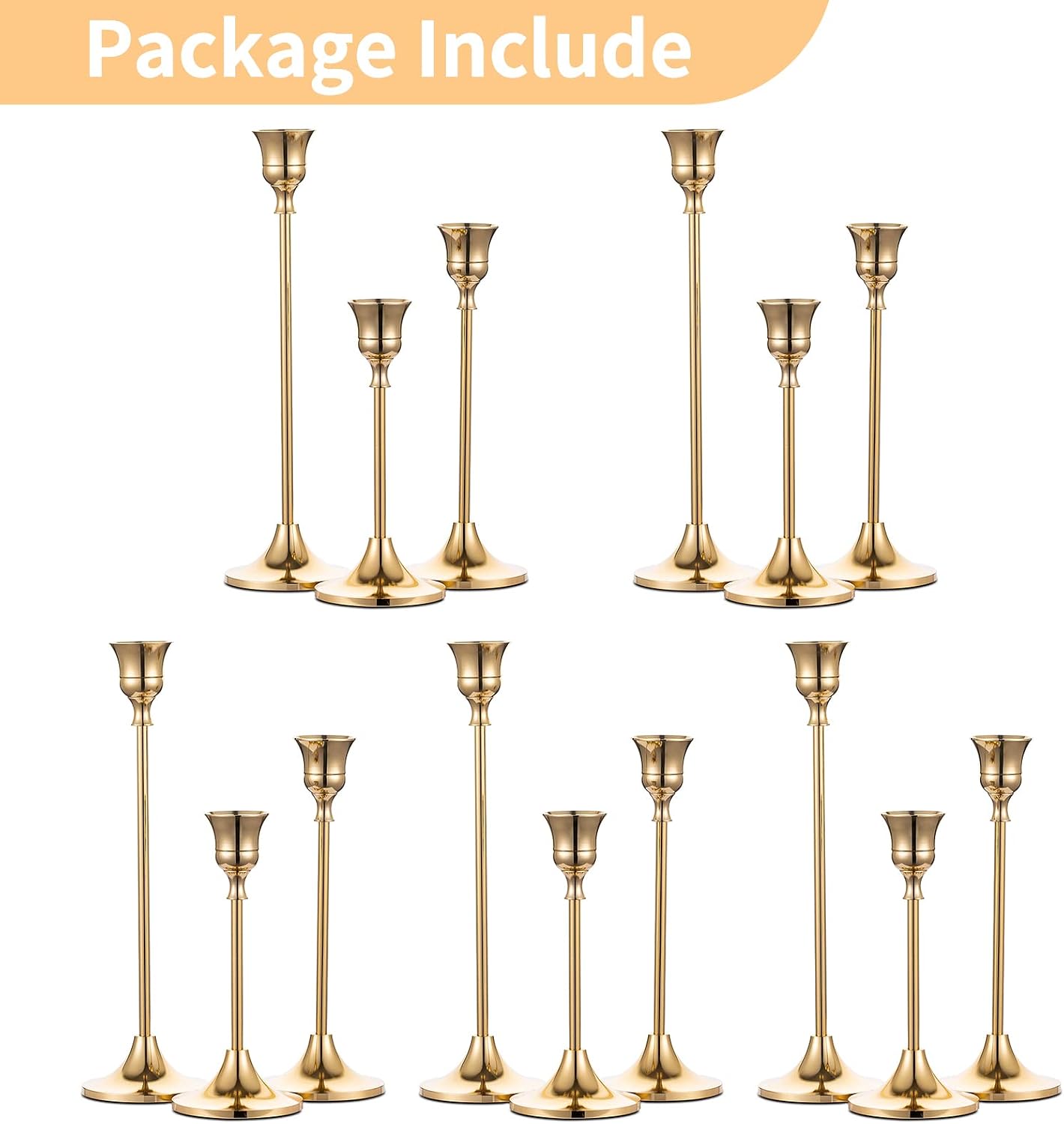 NUPTIO Gold Candlestick Holders for Table: Set of 15 Taper Candleholder | Bulk Aluminum Candle Stick Holder for Wedding