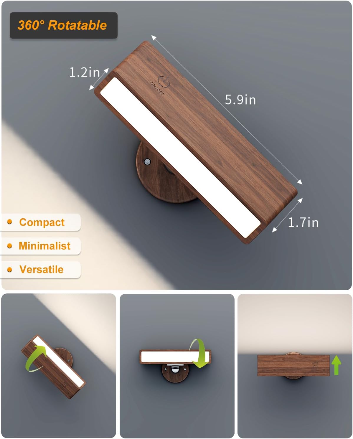 DetarZinLED Battery Operated Wall Sconces Set of 2,Rechargeable Wall Lights Wood,Stick On Wall Lights for Bedroom,Wall