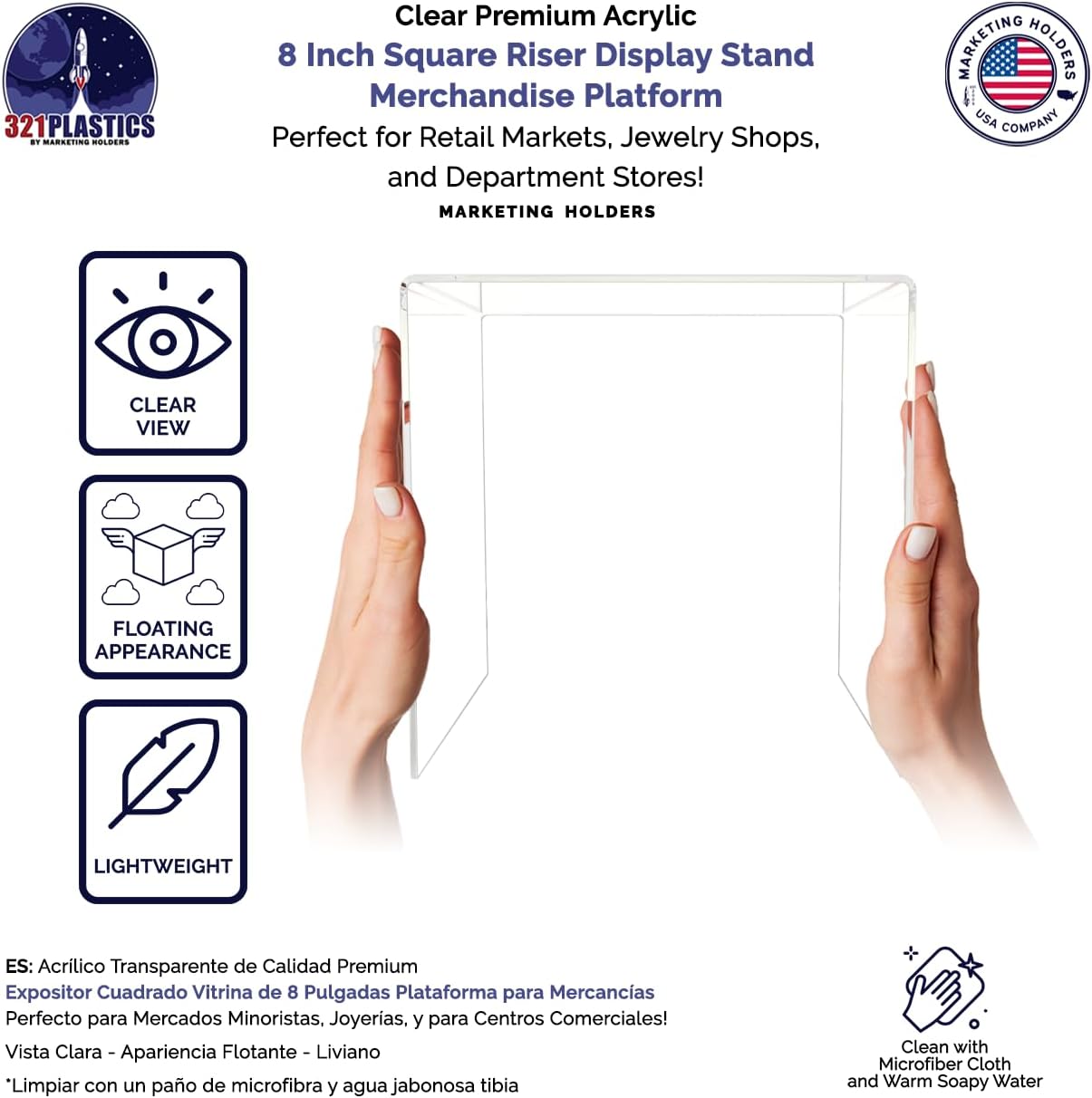 Marketing Holders 2 Pack 8 Inch Clear Acrylic Riser Retail Countertop Stand for Products and Merchandise