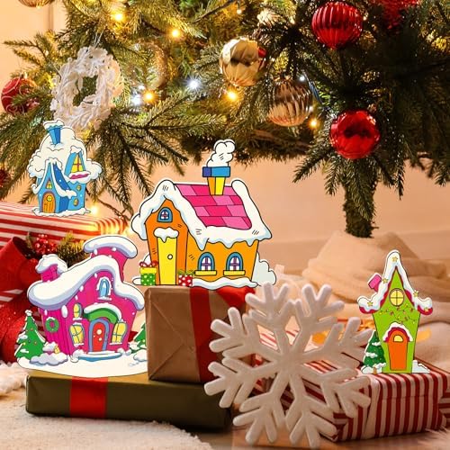 Roowest 4 Pcs Christmas Table Centerpieces, Village Tabletop Xmas Decor Set