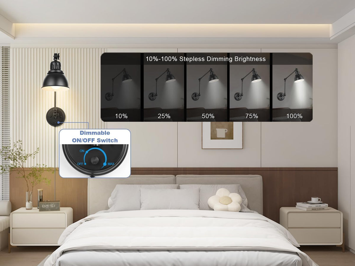 GOODATE 1 Pack Plug in Wall Sconce, Dimmable On Off Switch, Swing Arm Wall Lamp, Black Metal Industrial, Plug in Wall
