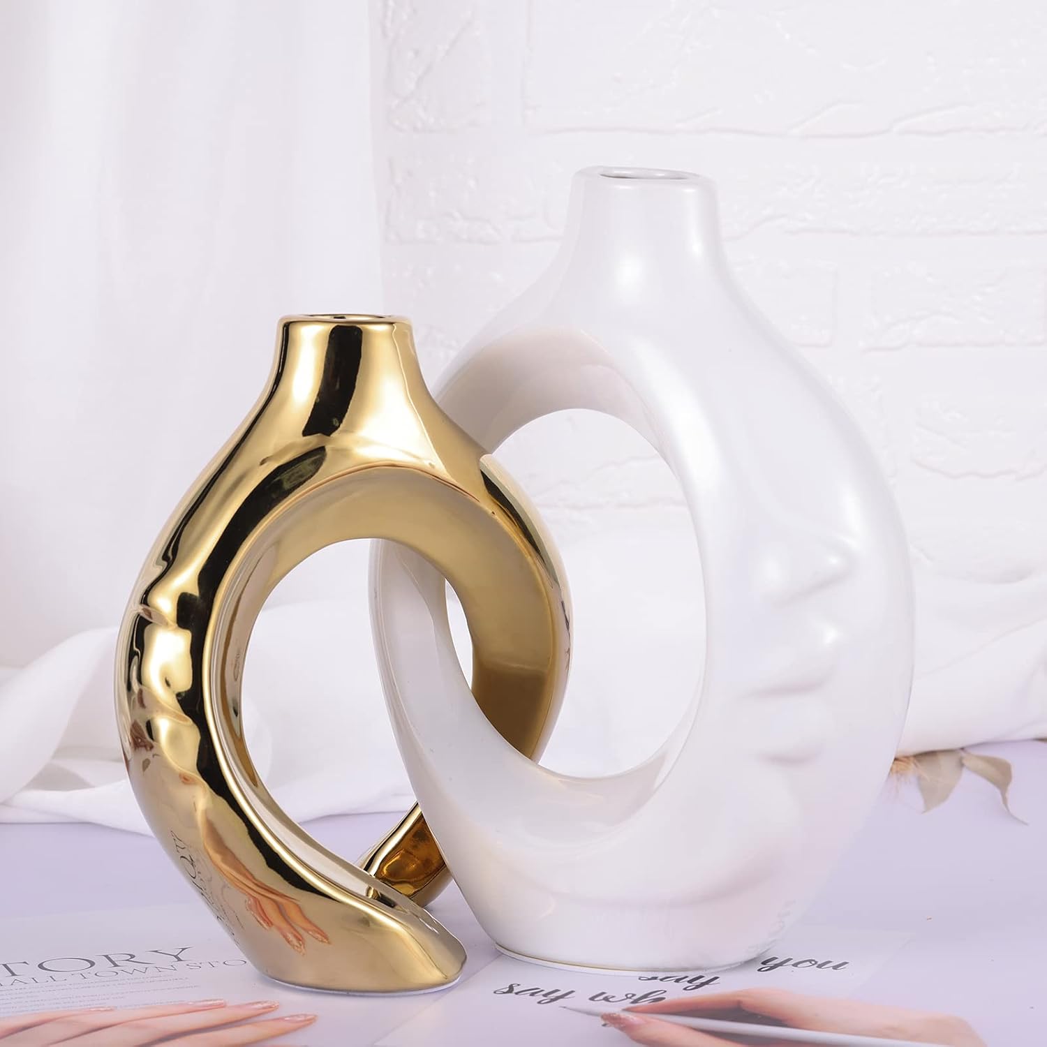 Ceramic Vases / Boho Vase for Flowers Pampas Grass Decorative / White and Gold