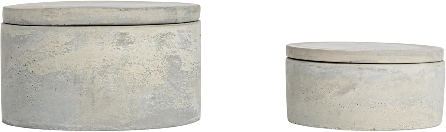 A75500081 Round Decorative Cement Lids Boxes / Small / Industrial / Grey / Set of 2