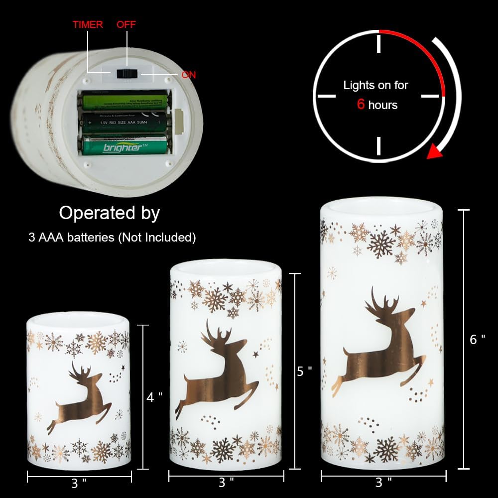 Gold Deer Flameless Candles Battery Operated with 6 Hour Timer | LED Pillar Candles Flickering, Real Wax Warm Light
