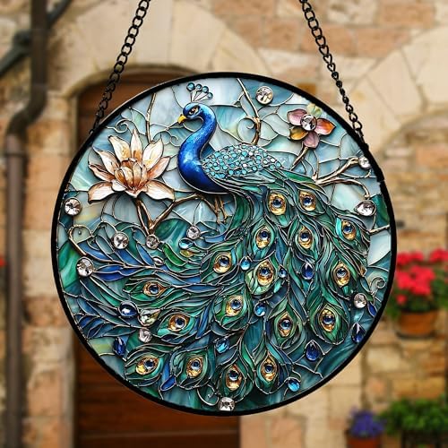 Peacock and Lotus Stained Glass Window Hanging Suncatcher Gifts Decor 7.8"
