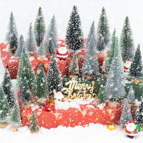 30pcs Tiny Christmas Trees for Christmas Decorations, Mini Artificial Christmas Tree Small with Snowflakes Bottle Brush Trees for Christmas Decor Party Home Table Top Winter Crafts Decorations