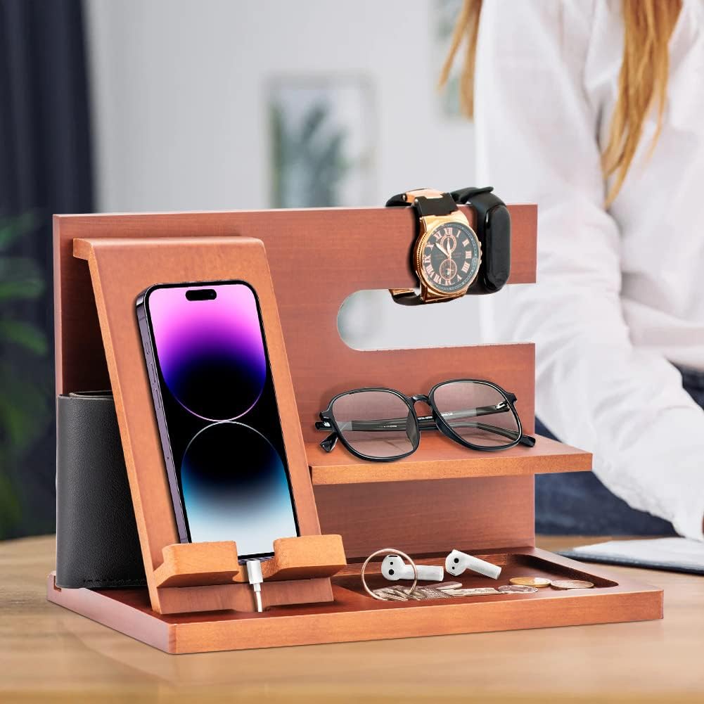 Wood Phone Docking Station - Gifts for Men Desk or Nightstand Organizer - Birthday Gifts for Husband, Fathers Day for