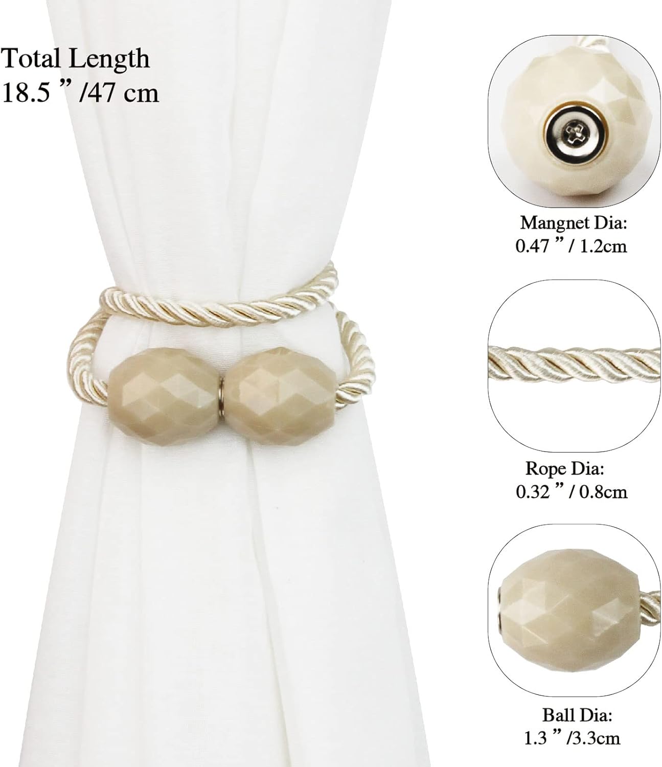 Strong Magnetic Curtain Tiebacks Decorative Rope Tie Backs Holdbacks Porlau | 6 Pack Beige Outdoor Curtain Rope