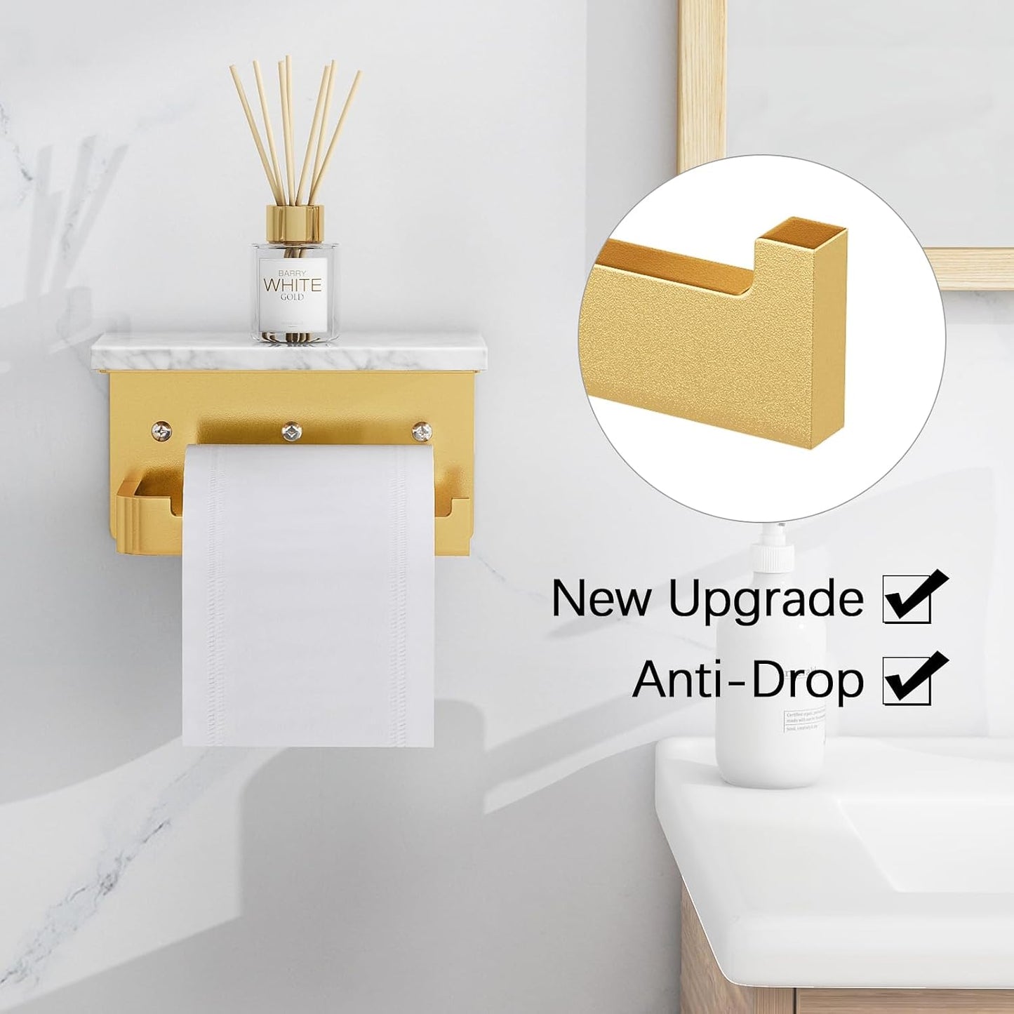 Gypie Toilet Paper Holder with Marble Shelf, Wall Mounted Gold | Toilet Roll Holder for Bathroom Washroom, Extended Base