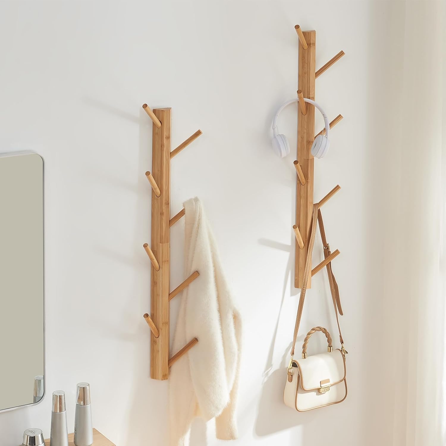 2-Pack Vertical Wall Mount Coat Rack for Clothes and Hats, Natural | Bamboo construction, 16 polished hooks, max 50 lbs