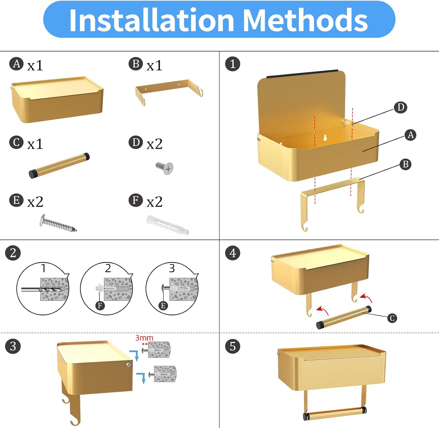 JUYSON Toilet Paper Holder, Toilet Paper Holder with Shelf, Color Gold | Wall Mount, SUS304 Stainless Steel, Flushable