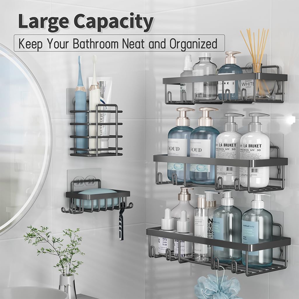 Self Adhesive Bathroom Wall Storage Basket Rustproof / Dark Grey / Set of 5