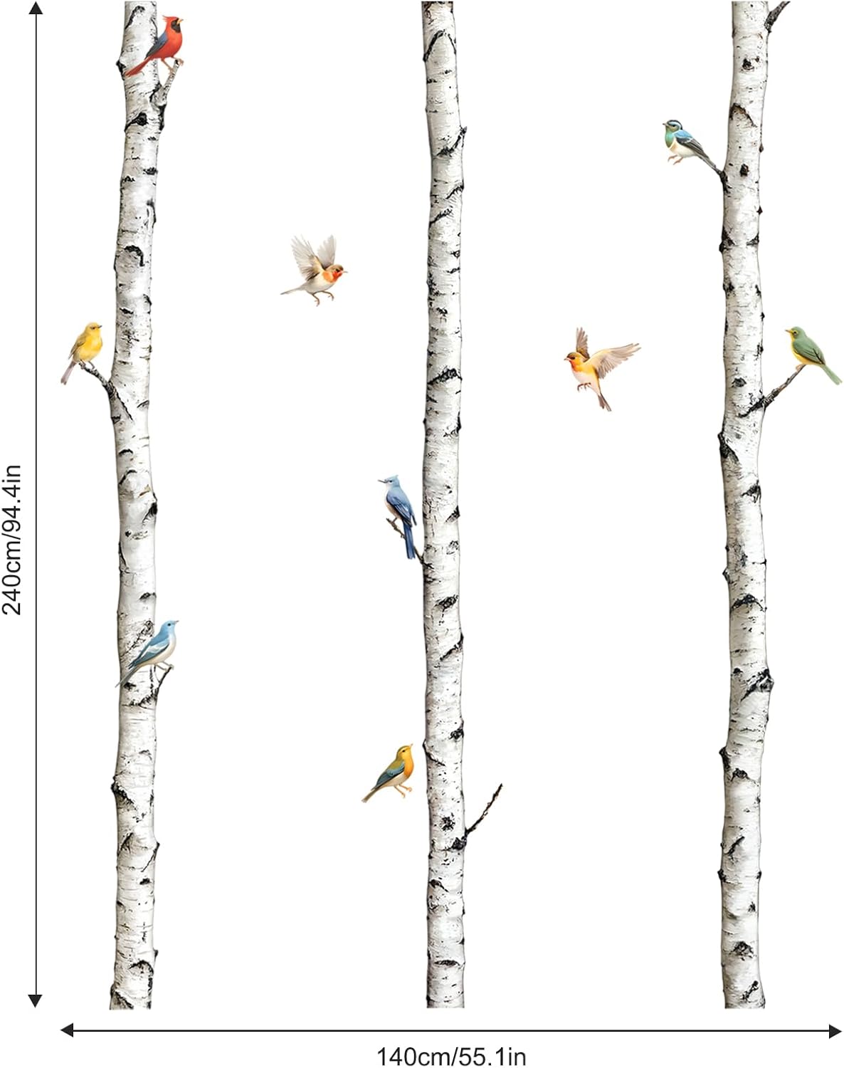 95" Tall Birch Tree Wall Decals 3 Aspen Trees Flying Birds Wall Stickers Peel and Stick / White