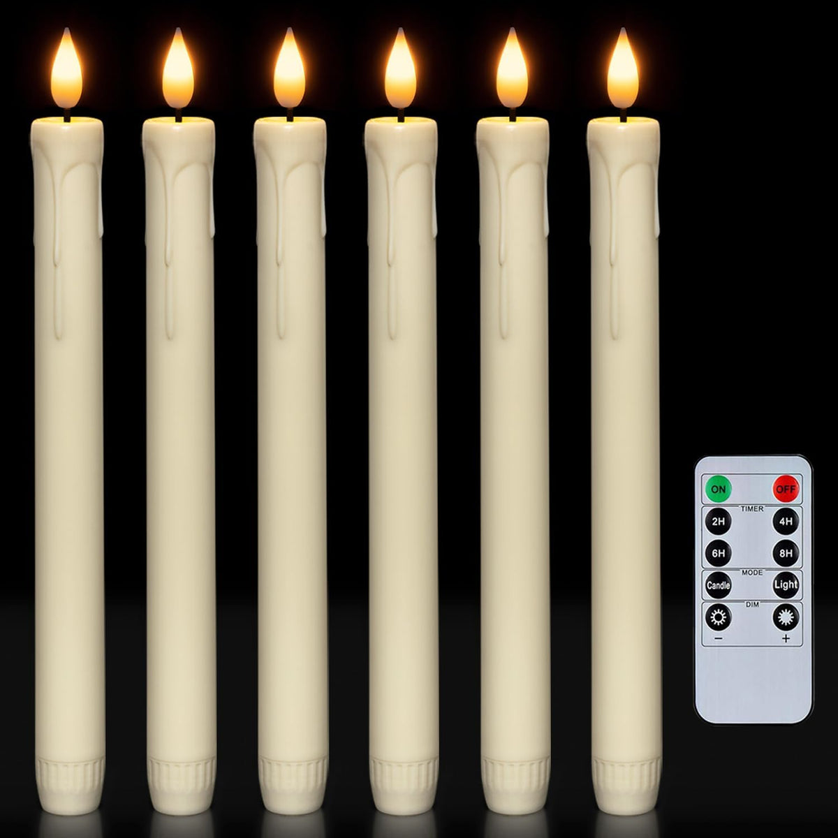 Homemory 6 Pcs Flameless Taper Candles with Remote, Timer, Dimmer, Ivory Battery Operated CandleSticks with Flickering Light, Plastic Led Window Candles, 9.6 Inches for Halloween Christmas Decoration