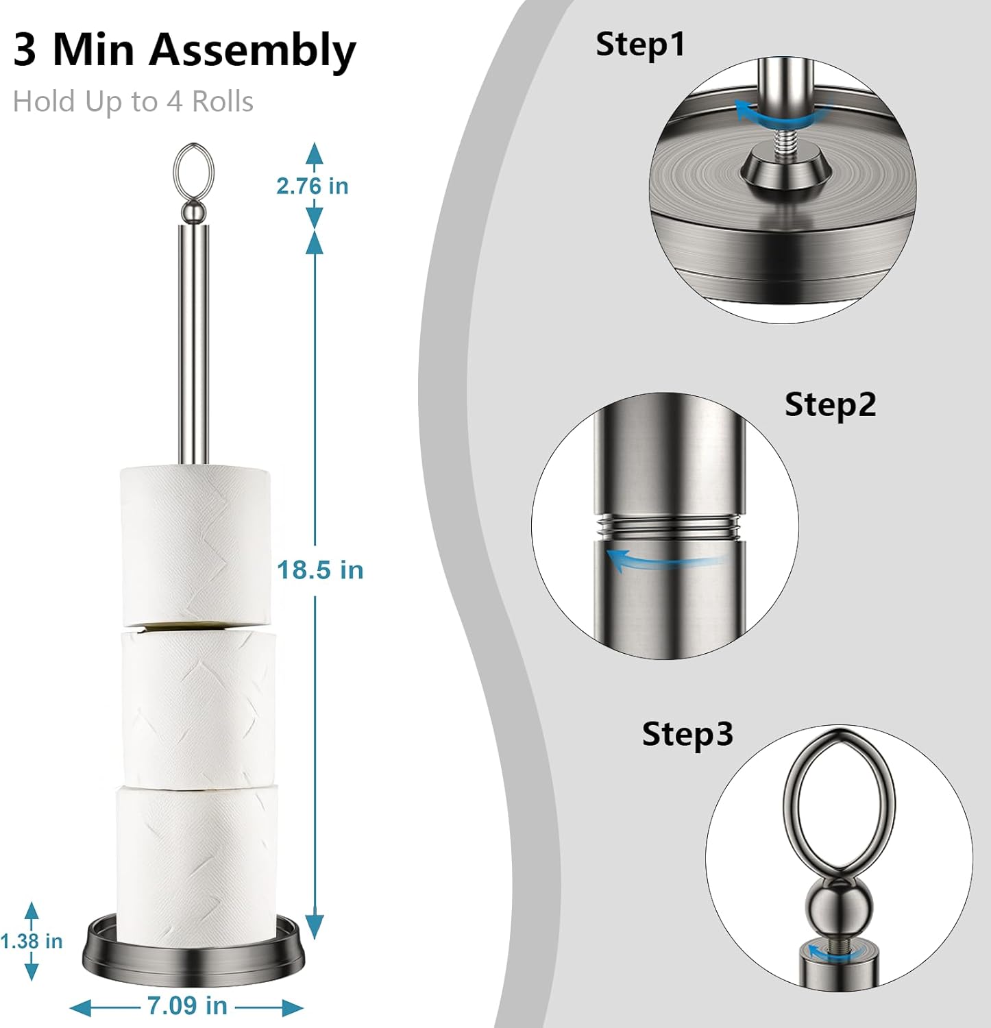 ROLABAM Toilet Paper Holder Stand with Reserve Function, Free Standing Toilet Paper Holder for Bathroom, Toilet Paper