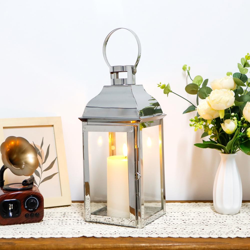 JHY DESIGN Silver Decorative Lanterns 12.5''High Stainless Steel Candle Lanterns with Tempered Glass for Indoor Outdoor