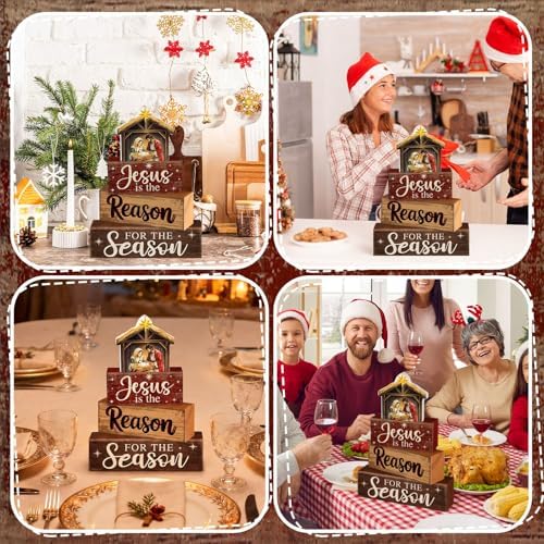 Moucuny 4 Pcs Christmas Table Decor Christian Nativity Scene Wooden Blocks