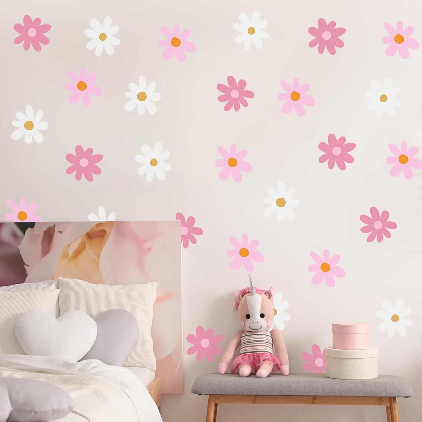 Daisy Wall Decal Flower Vinyl Wall Floral Decals Peel and Stick Daisy Stickers / Pink, White