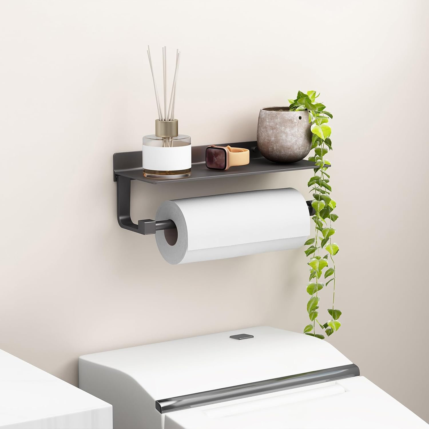 Kitchen Paper Towel Holder with Shelf Wall Mount, Adhesive Hand Towel Holder for Bathroom, Matte Grey