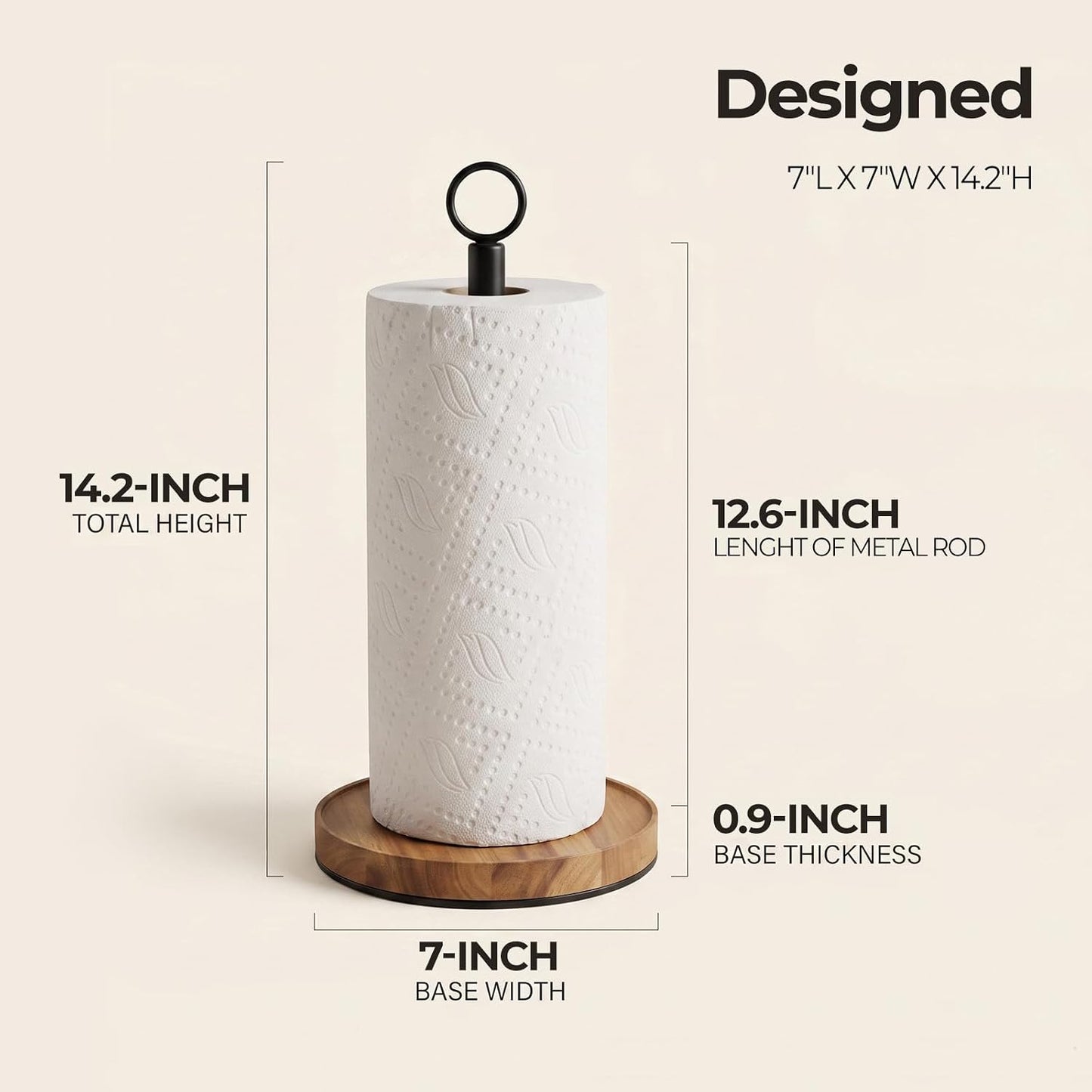 WILDMOS Paper Towel Holder Countertop, Solid Acacia Wood with Thick Metal Base, Black Freestanding Paper Towel Holder