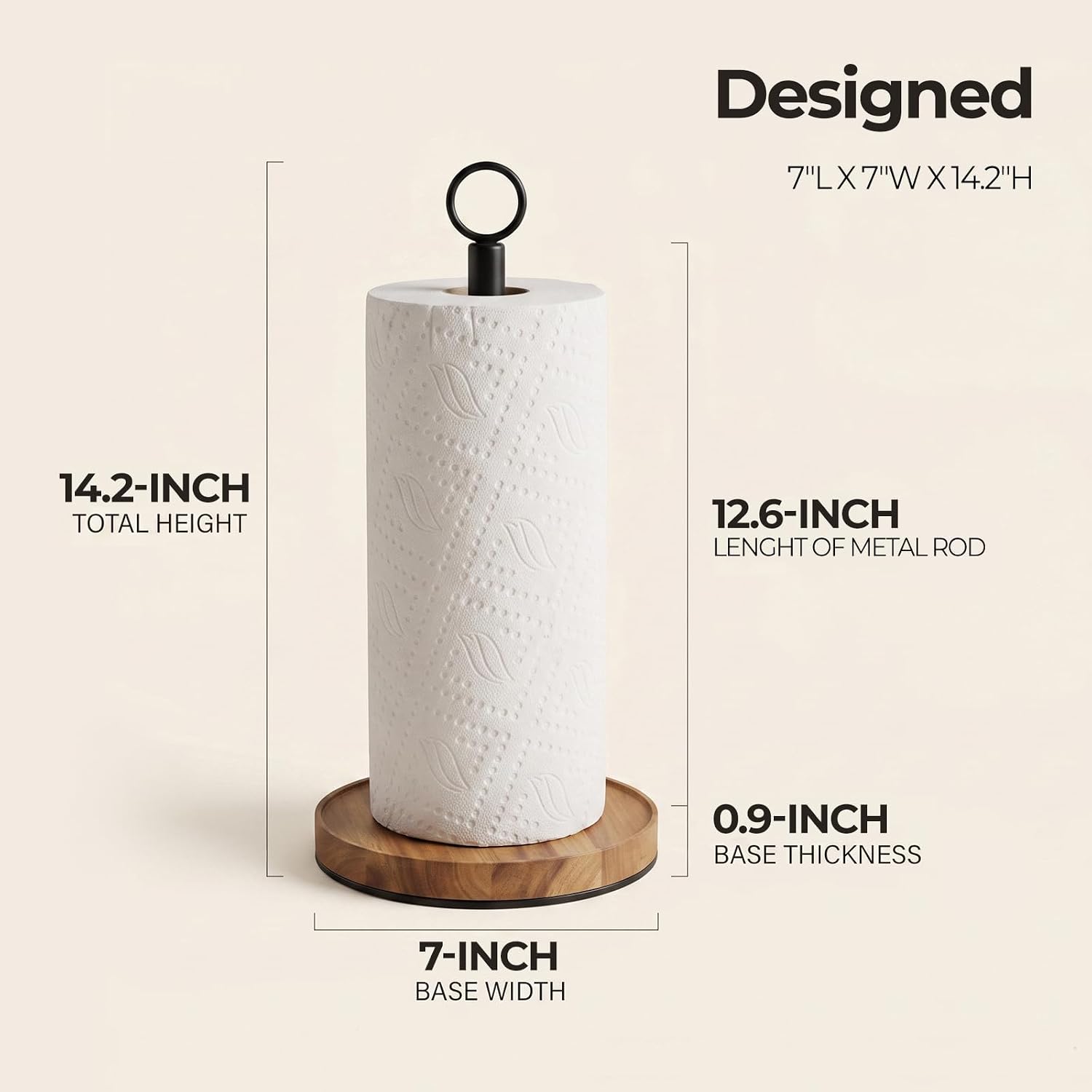 WILDMOS Paper Towel Holder Countertop, Solid Acacia Wood with Thick Metal Base, Black Freestanding Paper Towel Holder