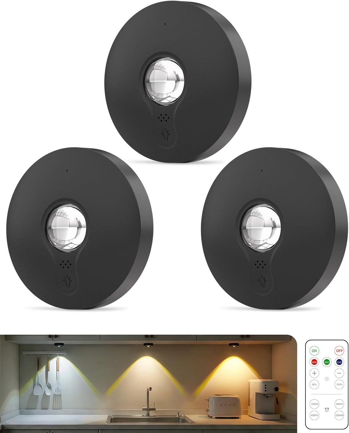 Rechargeable Puck Lights with Remote Control, 1500mAh Battery Operated Tap Lights, Dimmer & Timer Under Cabinet